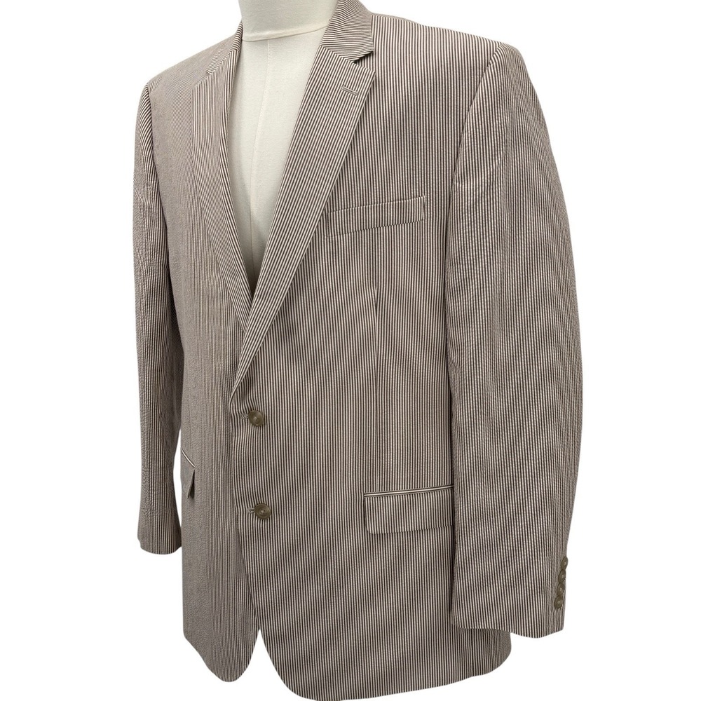 Chaps Men's Seersucker Blazer 46L Brown Stripe Cotton‎ Summer Sport Coat Preppy